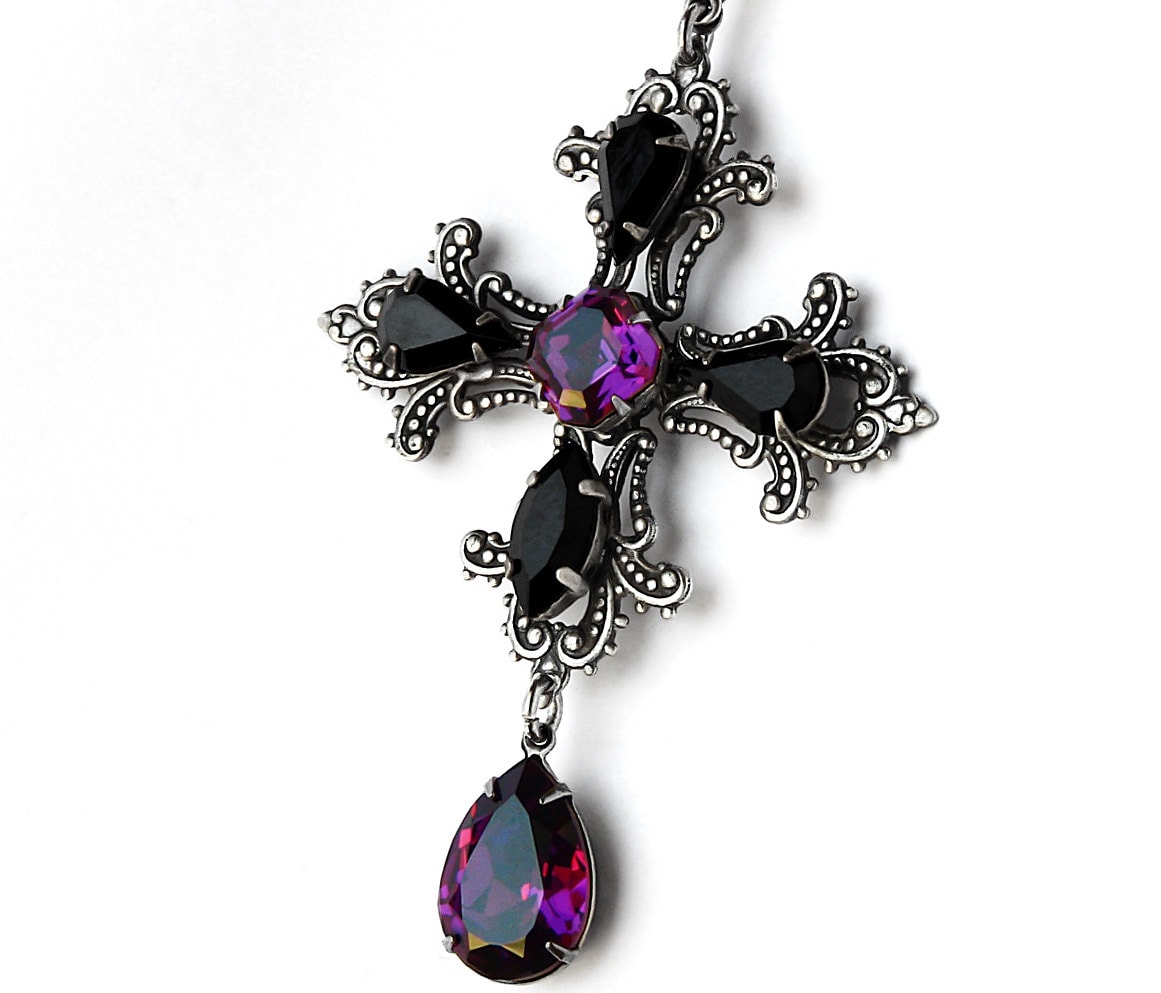 Large Black Ornate INVERTED Victorian Cross Black Necklace Gothic