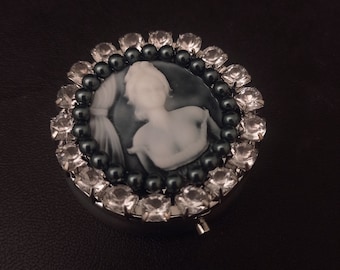 Round pill box with cameo, Tahitian pearls and crystal trim, dark academia, gifts for her