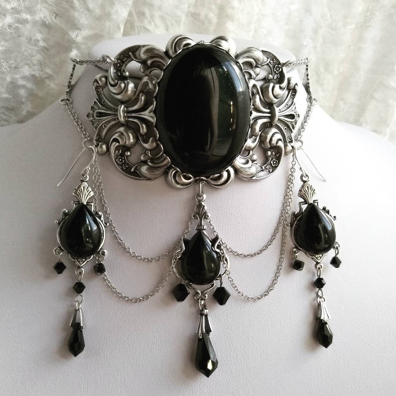 Gothic Earrings Silver Gothic Jewelry Set Black Gothic Etsy