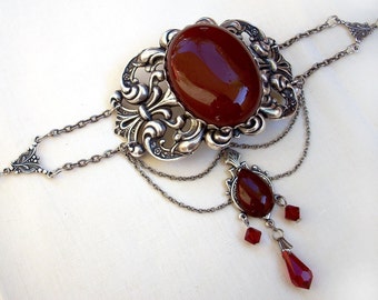 Red Gothic choker necklace pendant silver victorian Gothic Jewelry Red Swarovski Crystal Carnelian Agate Bridal Jewelry