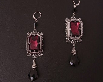 Burgundy Gothic Earrings, Vampire Gothic Jewelry, Black Dangle Drop Earrings Silver Filigree