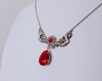 Red rhinestone Necklace, Victorian Necklace, Red crystal Necklace, Angel Wings Goddess, silver gothic Jewelry, christmas jewelry