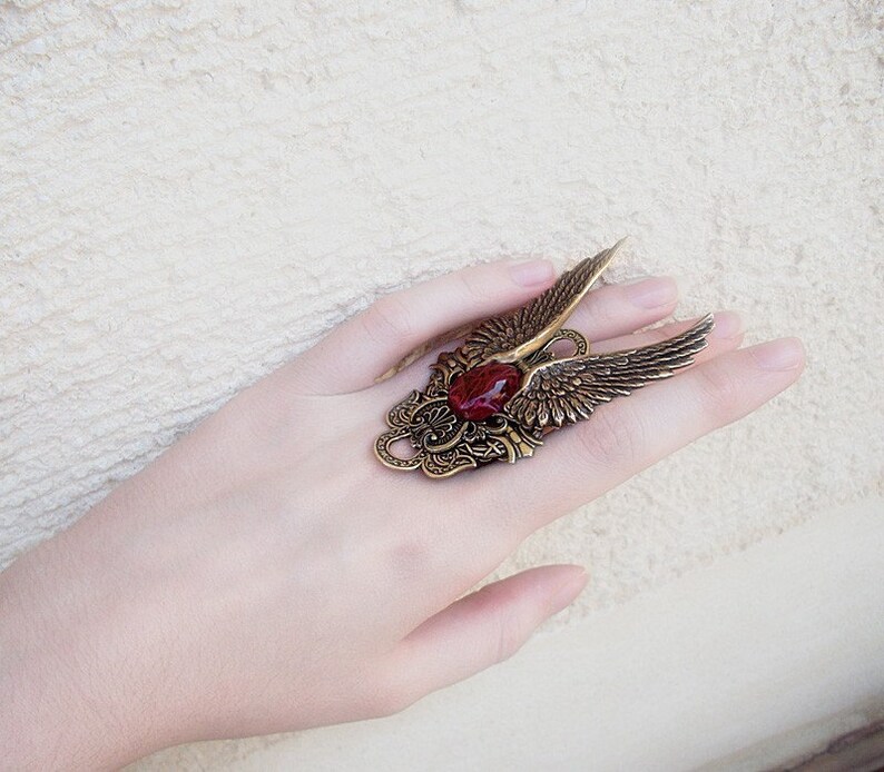Large Angel Wings Ring // Antique Gold Statement Red Ring // Etsy