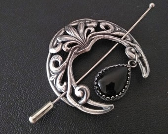 Onyx Celtic Brooch, Scarf Broach, Silver Crescent Moon Shawl Pin, Large Scarf Pin Brooch for women, celtic shawl pin