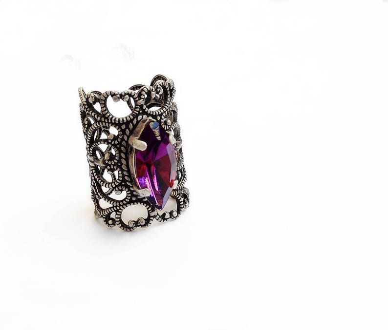 Red Knuckle Ring Silver Filigree Midi Ring Gothic Ring Victorian Gothic Jewelry Purple