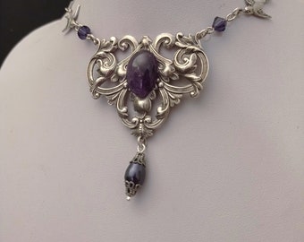 Silver Amethyst Necklace, Amethyst Victorian Gothic Necklace,  february birthstone