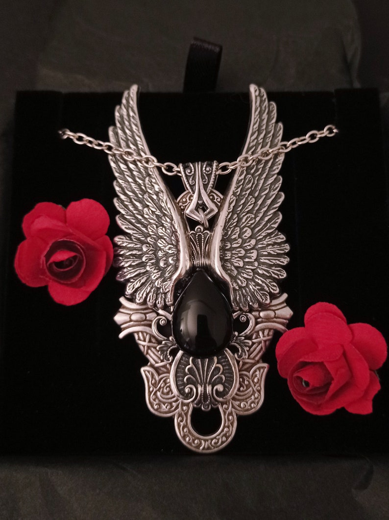 Black Onyx necklace, Angel Wings Necklace, Gothic Jewelry, Vampire Jewelry, Gothic pendant, black onyx pendant image 8