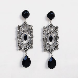 Black Gothic earrings Gothic Jewelry Long black earrings Dangle Silver Dramatic Earrings Black crystal // Long Statement Aranwen image 3