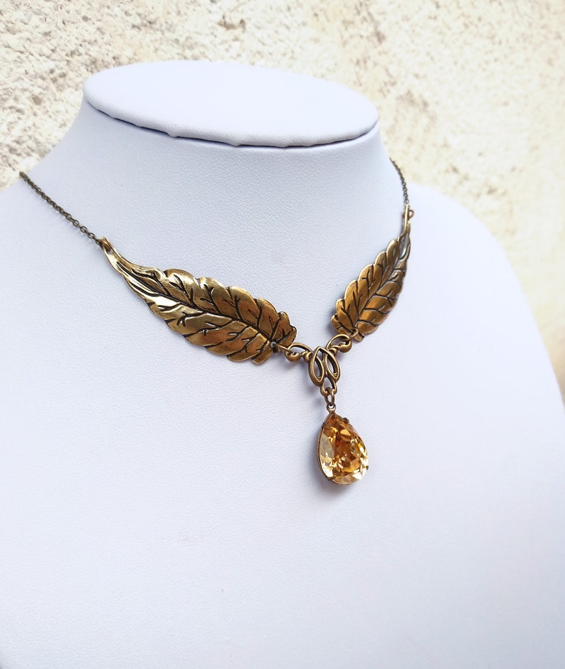 Brass Leaf necklace, Woodlands Jewelry, Fairy Jewelry forest nymph, gold crystal leaf necklace brass autumn necklace, fall jewelry image 5