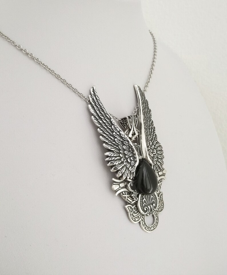 Black Onyx necklace, Angel Wings Necklace, Gothic Jewelry, Vampire Jewelry, Gothic pendant, black onyx pendant image 3