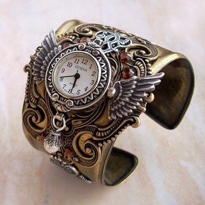 Steampunk Watch in brass and silver, winged bracelet for women or men, Dark academia, Womens cuff watch, Womens watches