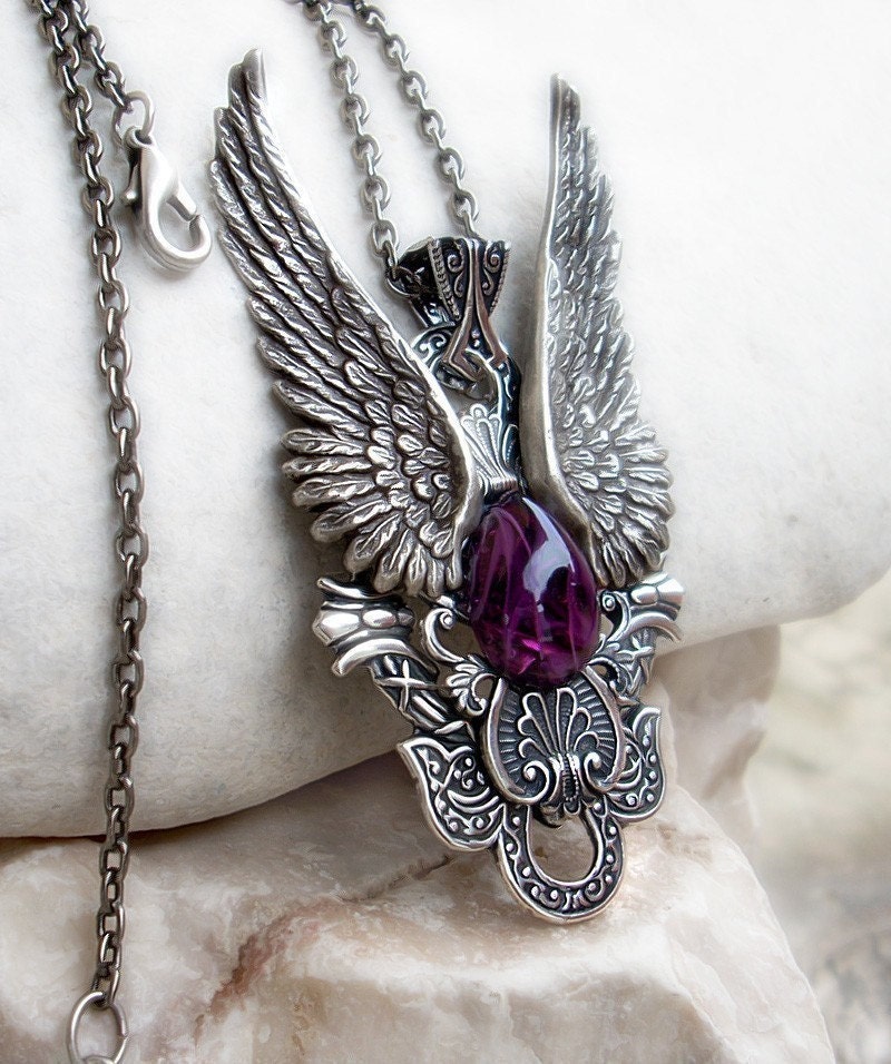 Angel Wings Pendant Necklace Gothic Necklace Purple Goth Necklace Womens  Mens Silver Gift for Him Statement Necklace Large Pendant - Etsy