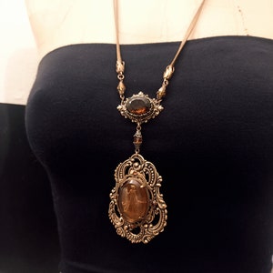 Unique Intaglio necklace, Brass necklace with brown and orange jewels, snake chain, smoked topaz, vintage style necklace, dark academia image 3