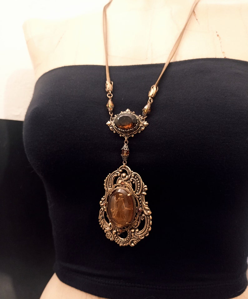 Unique Intaglio necklace, Brass necklace with brown and orange jewels, snake chain, smoked topaz, vintage style necklace, dark academia image 3