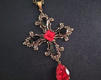 Gothic Cross Necklace, Gothic Jewelry, Goth Necklace, Brass Black Red Crystal Bronze Pendant, christmas jewelry