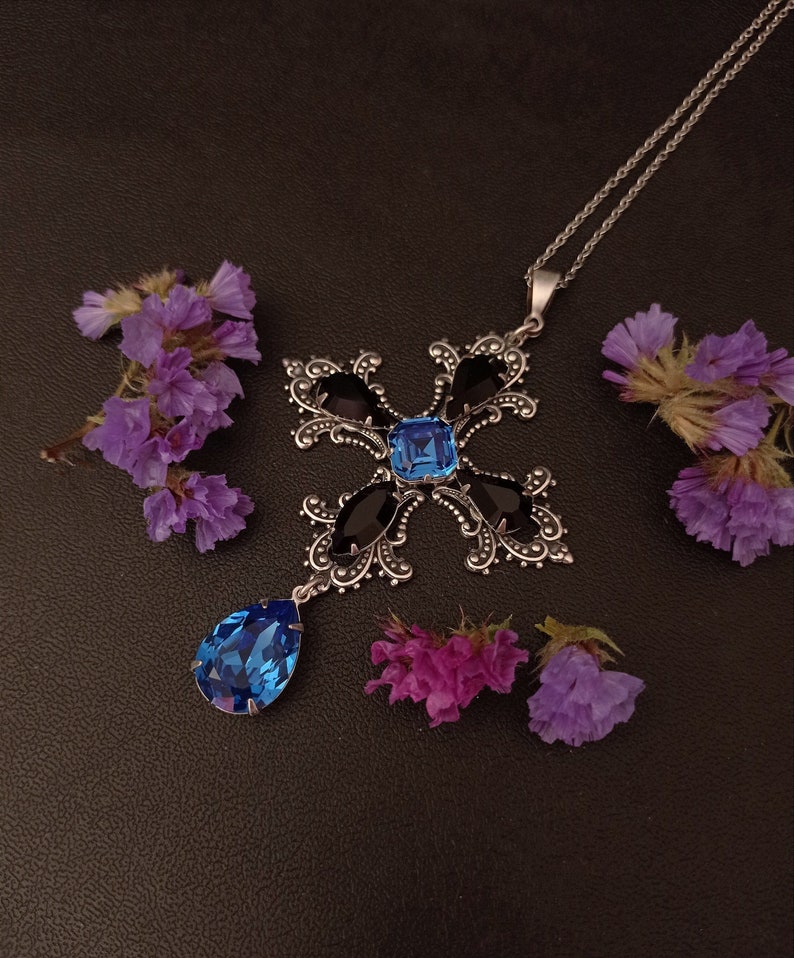 Blue Cross Pendant, Large Gothic cross necklace, Blue and Black crystal, Gothic jewelry 画像 1