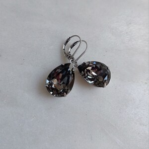 Dark Gray earrings, Smokey charcoal black diamond pear shaped earrings, Evening earrings, Silver leverback bridesmaid gift, dangle earrings image 4