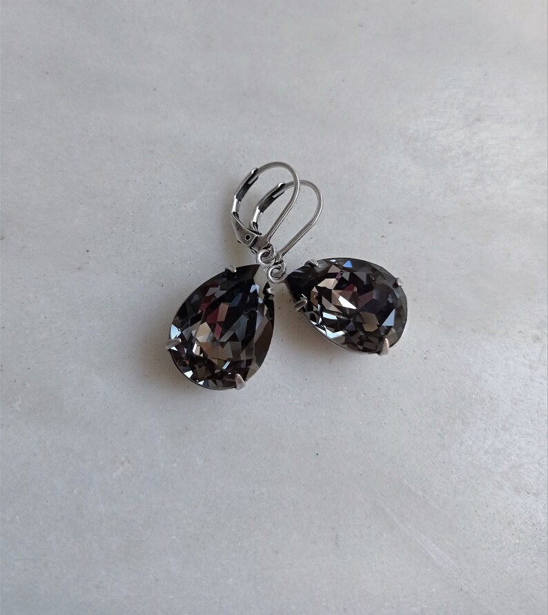 Dark Gray earrings, Smokey charcoal black diamond pear shaped earrings, Evening earrings, Silver leverback bridesmaid gift, dangle earrings image 4