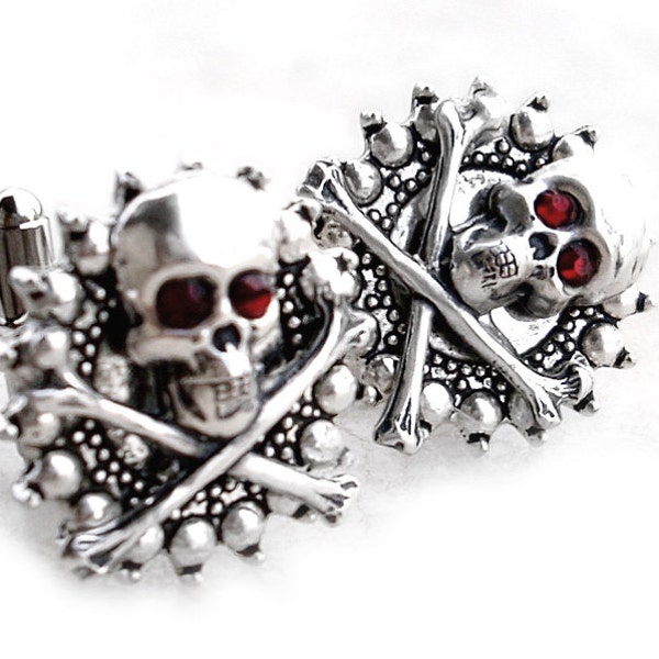 Gemelos de calavera de plata Joyería gótica para hombres ropa steampunk hombre regalo para marido Gemelos góticos tibias cruzadas Novio de Halloween