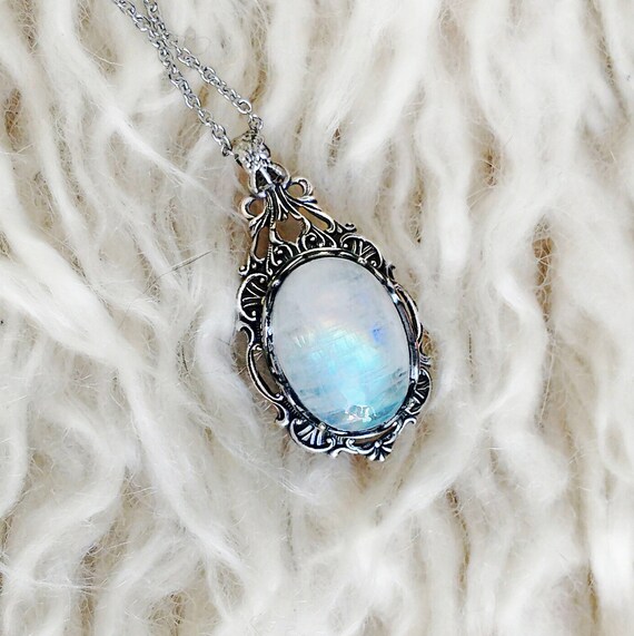 Rainbow Moonstone Necklace silver gift for her Victorian Etsy