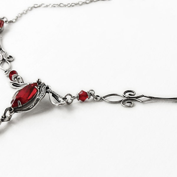 Red Necklace, Silver Victorian Necklace, Victorian jewelry, Gothic Jewelry