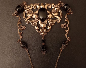 Gouden onyx ketting, zwarte onyx sieraden, edelsteen ketting, antieke ketting, zwarte kristallen ketting art nouveau sieraden