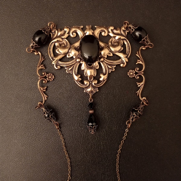Gold onyx necklace, Black onyx jewelry, Gemstone necklace, antique necklace, Black Crystal Necklace art nouveau jewelry