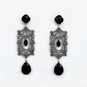 Black Gothic earrings Gothic Jewelry Long black earrings Dangle Silver Dramatic Earrings Black crystal // Long Statement Aranwen image 1