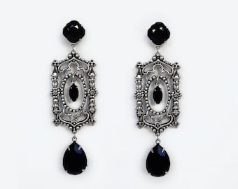 Black Gothic earrings Gothic Jewelry Long black earrings Dangle Silver Dramatic Earrings Black crystal // Long Statement Aranwen