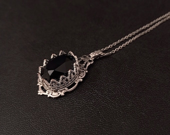 Victorian Gothic Necklace, Gothic Jewelry, Silver Filigree, Black crystal Necklace