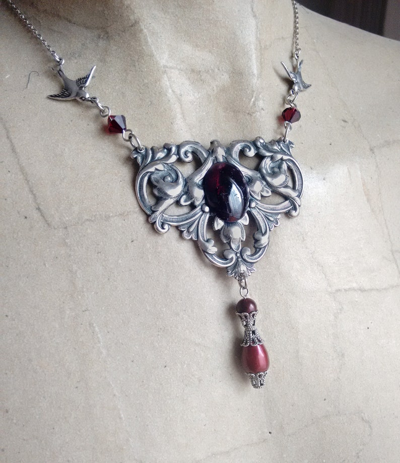 Silver Garnet Necklace Victorian Jewelry Gothic Necklace for - Etsy