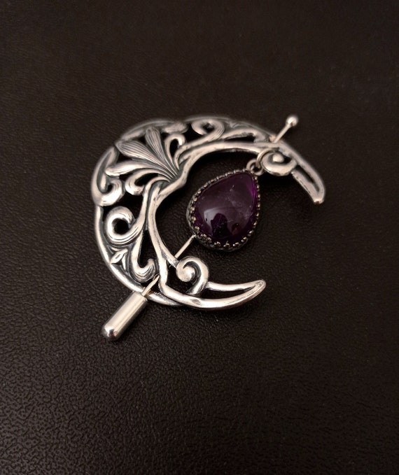 Amethyst Celtic Brooch Scarf Broach Silver Crescent Moon Celtic
