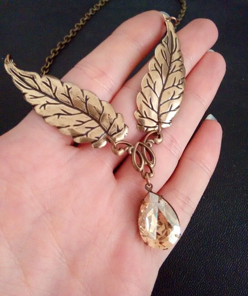 Brass Leaf necklace, Woodlands Jewelry, Fairy Jewelry forest nymph, gold crystal leaf necklace brass autumn necklace, fall jewelry image 3