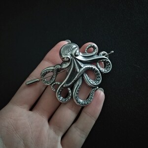 Octopus Brooch, Shawl Pin, Kraken Scarf Pin Hair Pin Silver, octopus pin, Sweater Cardigan, steampunk jewelry image 2