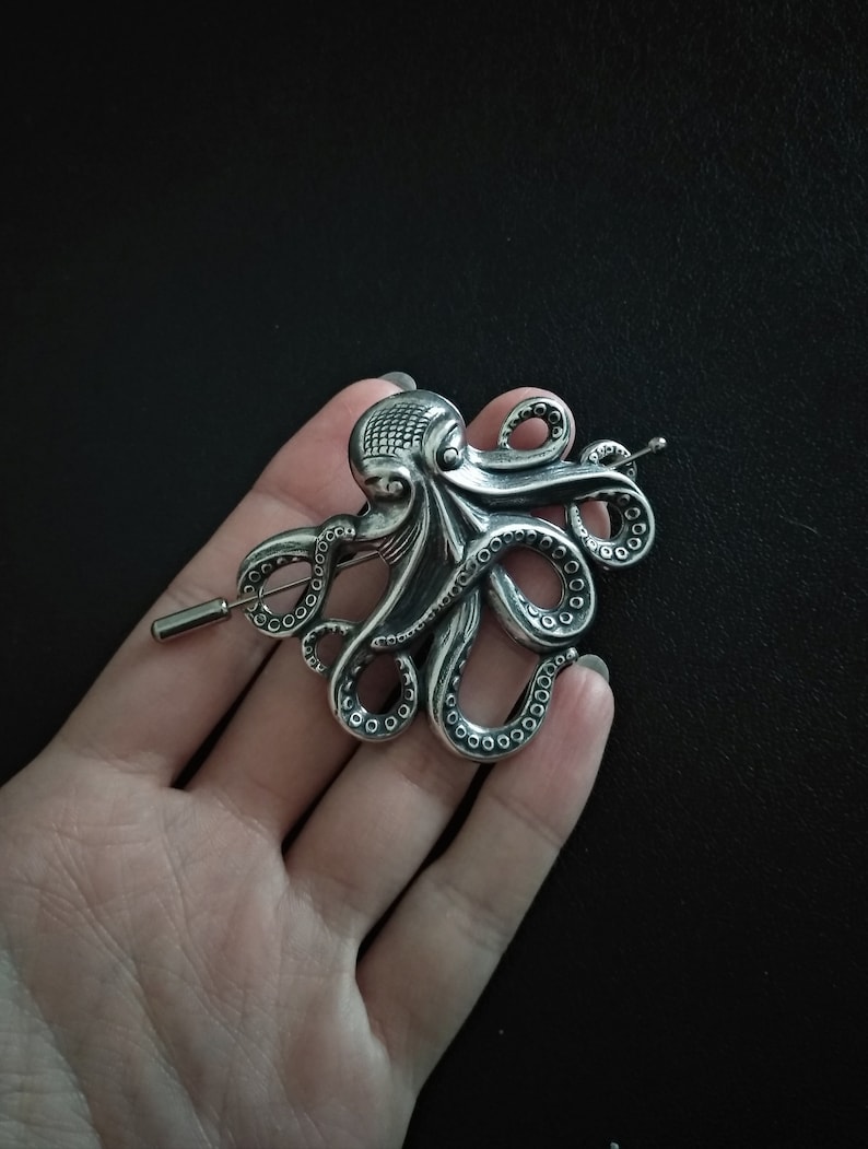 Octopus Brooch, Shawl Pin, Kraken Scarf Pin Hair Pin Silver, octopus pin, Sweater Cardigan, steampunk jewelry image 2