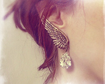 Angel Wing Earrings, ear climbers, wedding clip on earrings, Steampunk jewelry statement Austrian crystal drop dangle