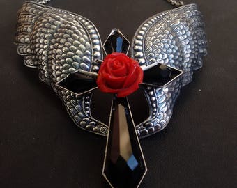 Large Wings Necklace Black Gothic Cross Pendant Red Rose Silver Wings Choker Necklace Gothic Jewelry