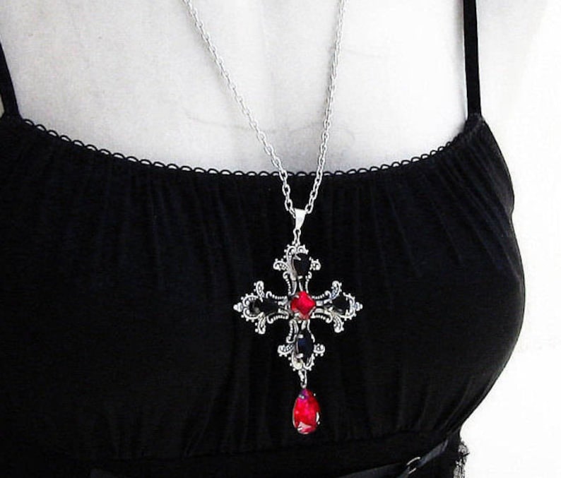 Gothic Cross Necklace, Black cross Necklace, Gothic Jewelry, Silver Pendant Womens Mens image 2