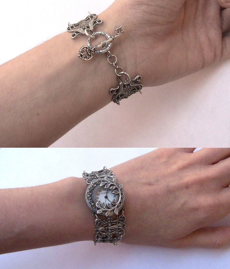 Vintage Watch, Silver womens watch with Gray Crystals, unique watches for women, gothic watch image 3