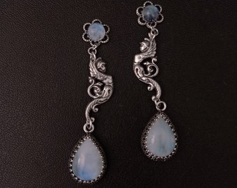 Rainbow Moonstone Earrings, Long Earrings, Victorian Earrings, Guardian Angel Jewelry