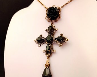 Black and Gold Cross Necklace, Gift for Women, Statement necklace, brass cross pendant,Jewelry Gothic jewelry