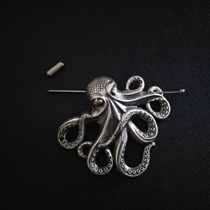 Octopus Brooch, Shawl Pin, Kraken Scarf Pin Hair Pin Silver, octopus pin, Sweater Cardigan, steampunk jewelry image 5