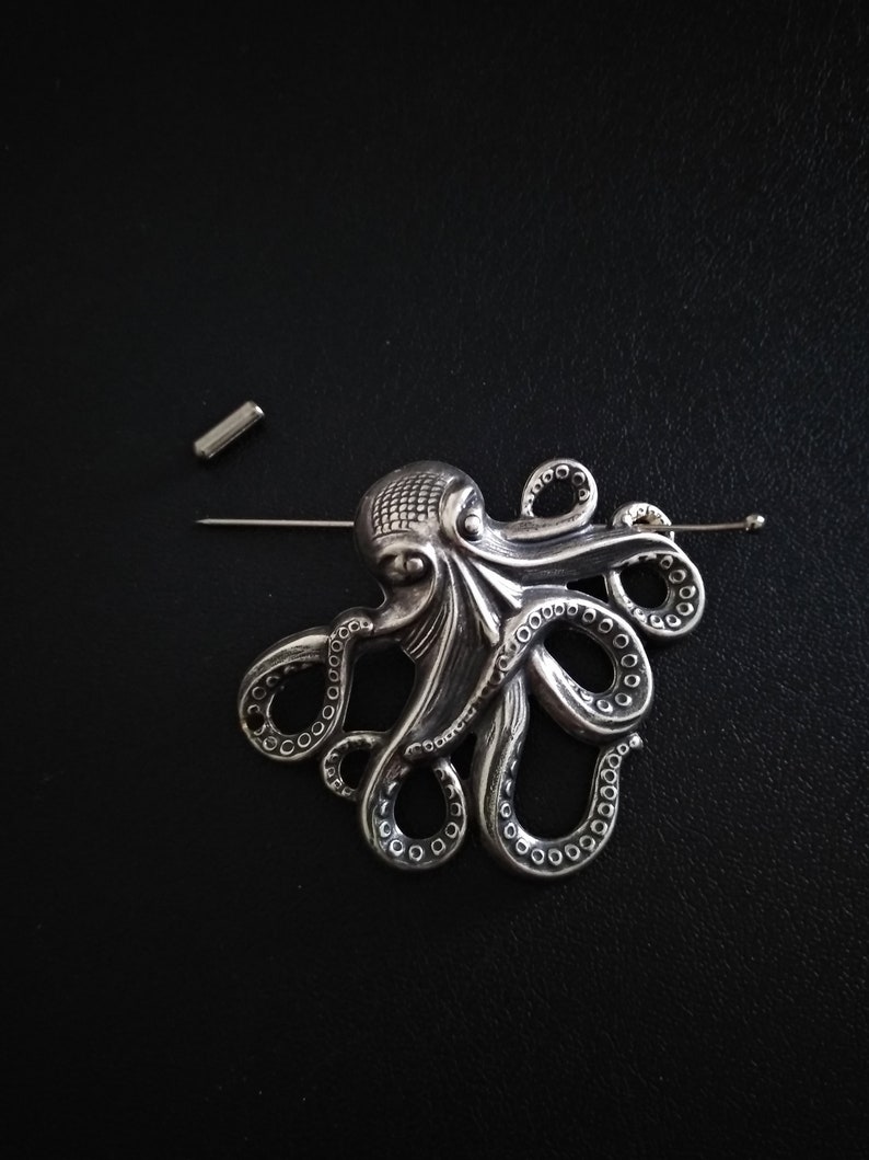 Octopus Brooch, Shawl Pin, Kraken Scarf Pin Hair Pin Silver, octopus pin, Sweater Cardigan, steampunk jewelry image 5