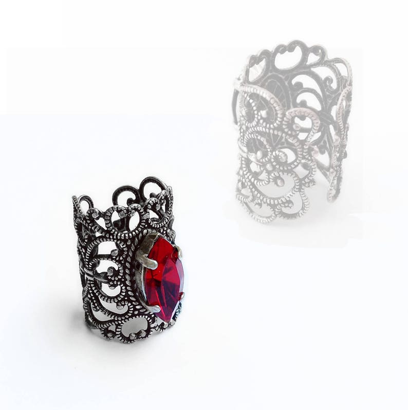 Red Knuckle Ring Silver Filigree Midi Ring Gothic Ring Victorian Gothic Jewelry Red