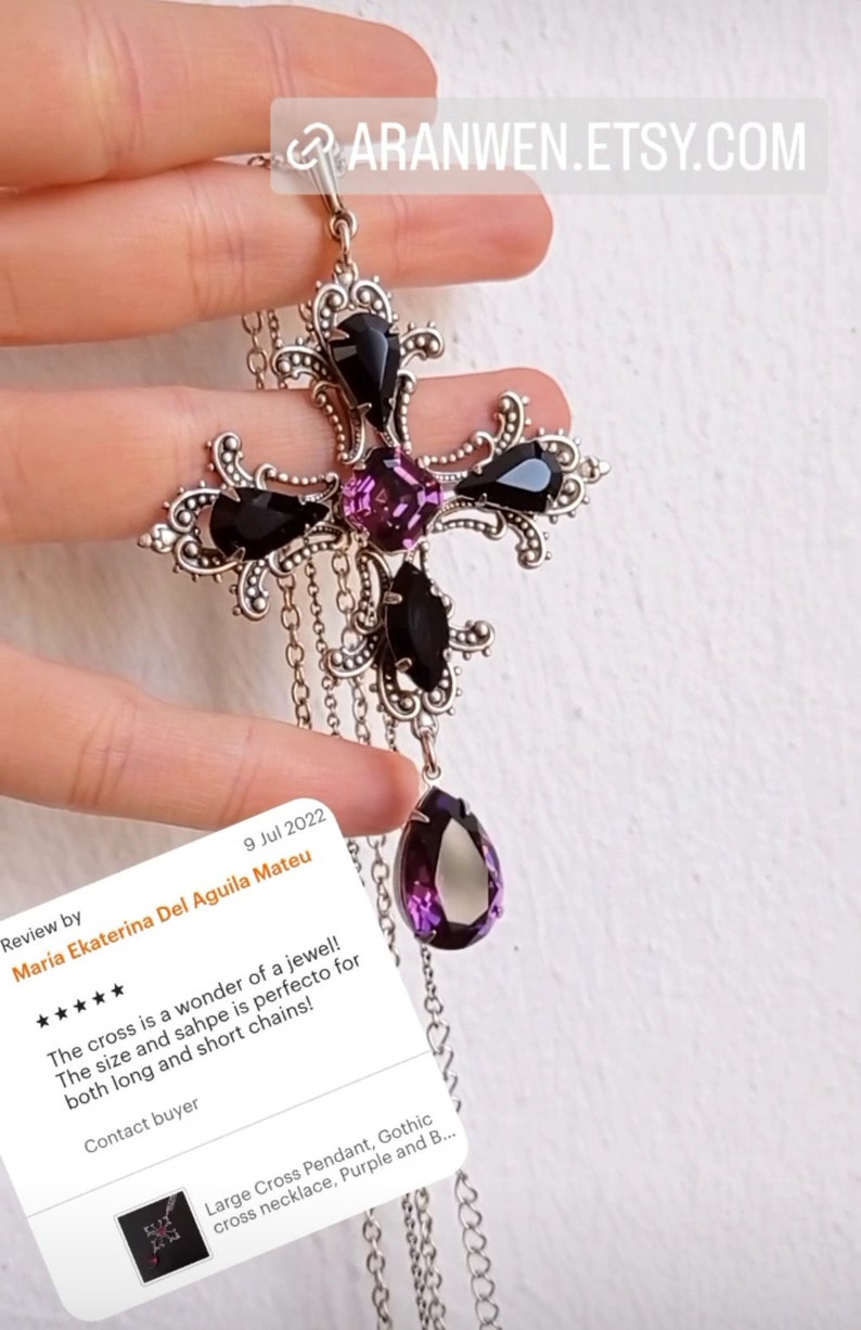 Blue Cross Pendant, Large Gothic cross necklace, Blue and Black crystal, Gothic jewelry 画像 6