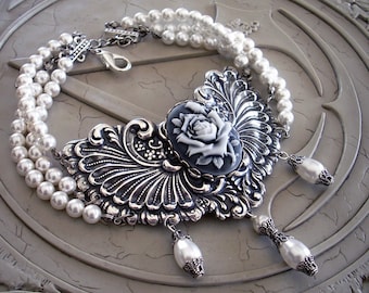 Three strand pearl choker White Cameo Gothic Wedding Jewelry coquette jewelry