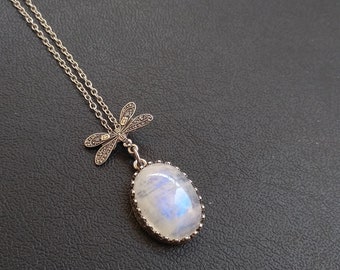 Blue Moonstone Necklace, Gothic Jewelry, Silver necklace, dragonfly necklace, white stone pendant, rainbow moonstone necklace old money