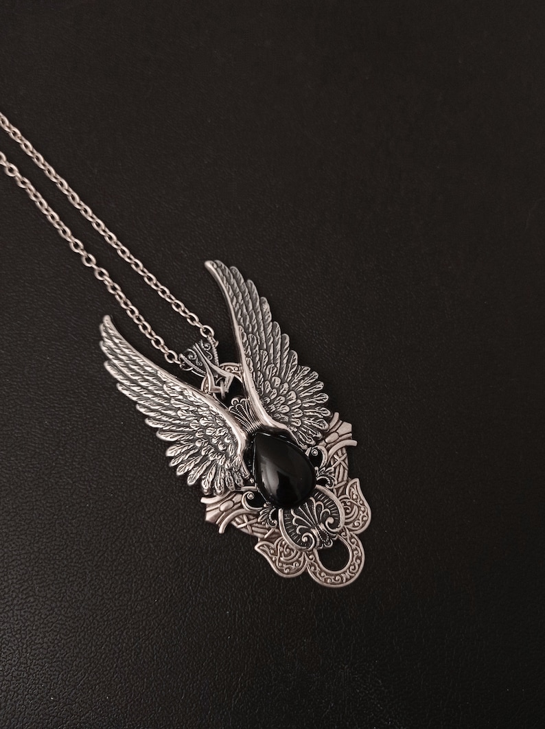 Black Onyx necklace, Angel Wings Necklace, Gothic Jewelry, Vampire Jewelry, Gothic pendant, black onyx pendant image 2