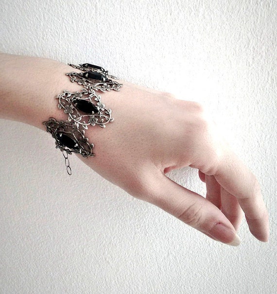 Black Swarovski Victorian Gothic Bracelet, gothic jewelry, Silver Filigree