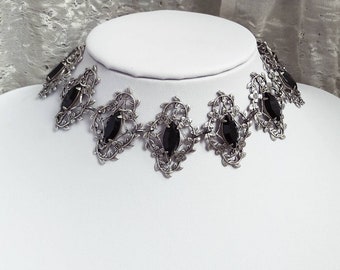 Evening Black crystal Choker Necklace, Silver Filigree Vintage style Jewelry